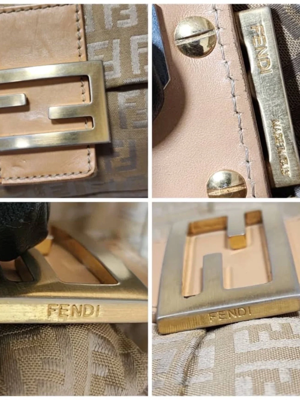 Authentic FENDI Metallic Zucchino Canvas Baguette Bag Gold/Beige